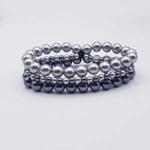 Elegant RMN Stretchy Silver Stacked Glass Pearl Bracelet Set